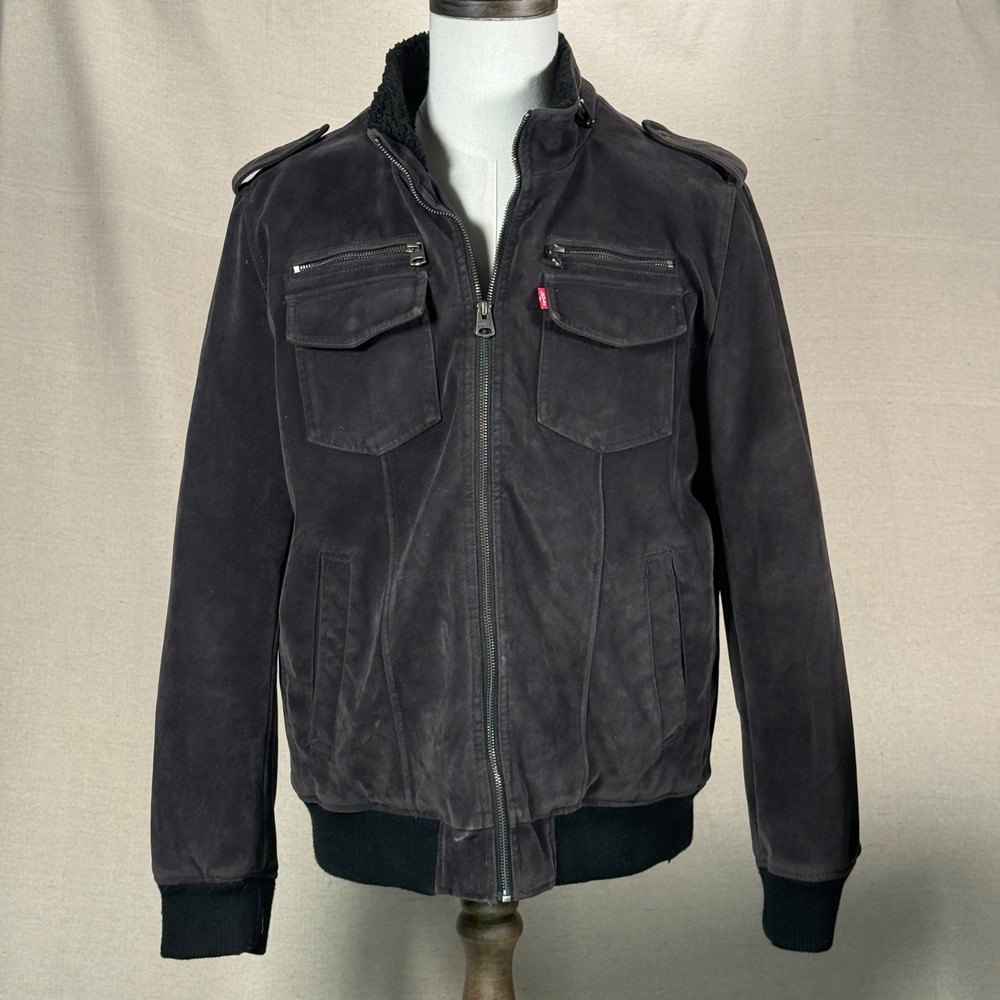 Levi Strauss Mens‎ Bomber Jacket Dark Gray Suede Sherpa Lined Full Zip Pockets